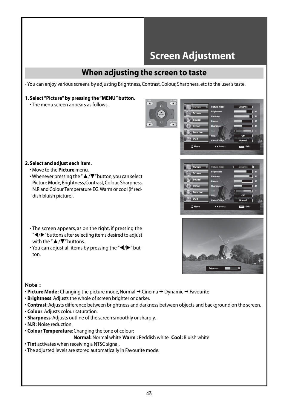 Screen adjustment, When adjusting the screen to taste | Daewoo DLT-42G1 User Manual | Page 43 / 56