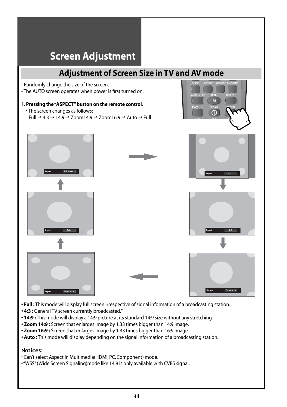 Screen adjustment, Adjustment of screen size in tv and av mode | Daewoo DLT-42G1 User Manual | Page 44 / 56