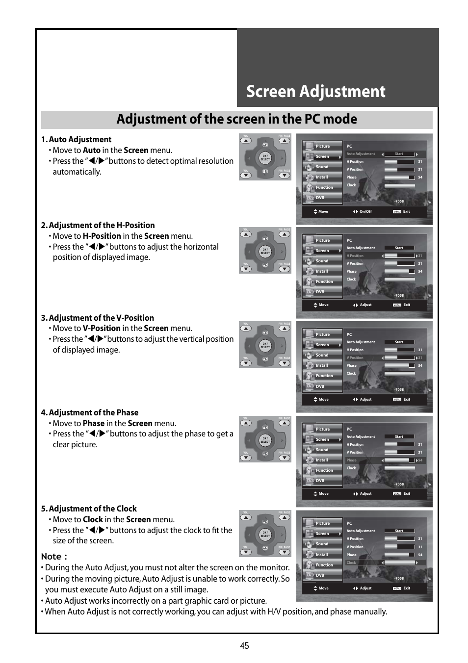 Screen adjustment, Adjustment of the screen in the pc mode | Daewoo DLT-42G1 User Manual | Page 45 / 56