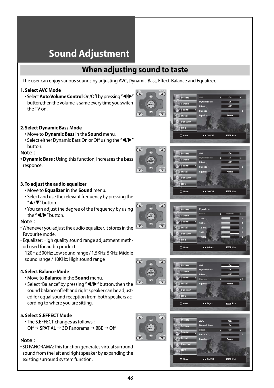 Sound adjustment, When adjusting sound to taste | Daewoo DLT-42G1 User Manual | Page 48 / 56