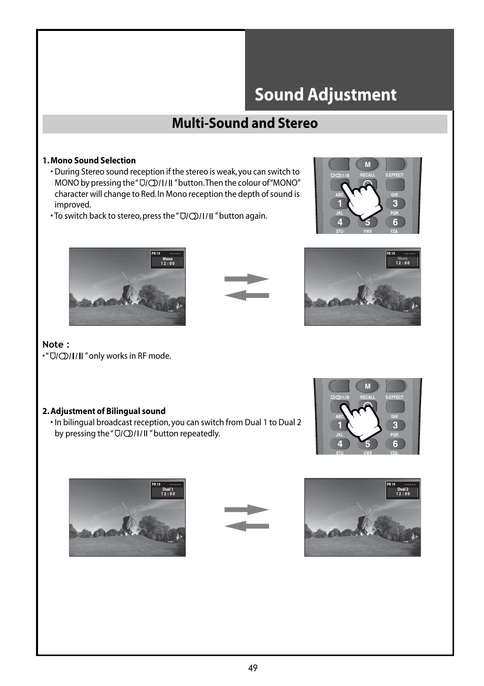 Sound adjustment, Multi-sound and stereo | Daewoo DLT-42G1 User Manual | Page 49 / 56