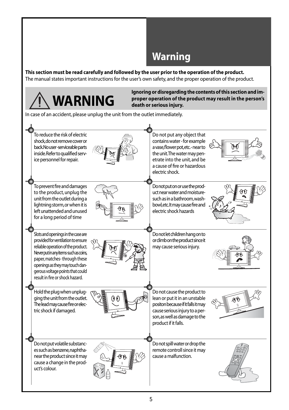 Warning | Daewoo DLT-42G1 User Manual | Page 5 / 56