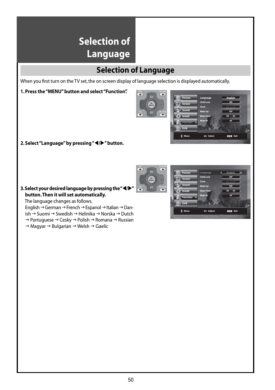 Selection of language | Daewoo DLT-42G1 User Manual | Page 50 / 56