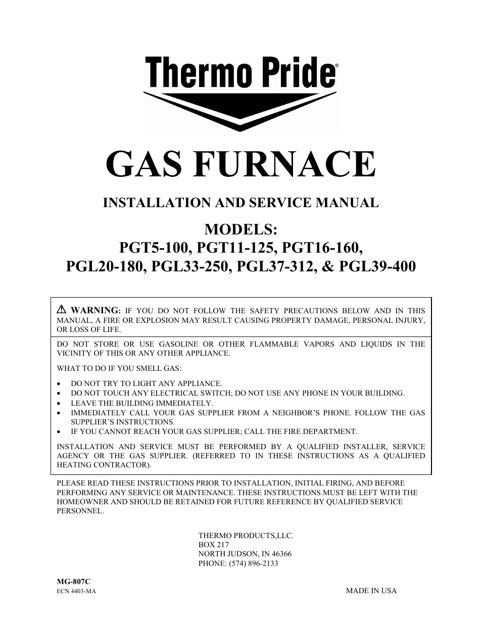 Thermo Pride Gas/Propane Furnace PGL User Manual | 38 pages