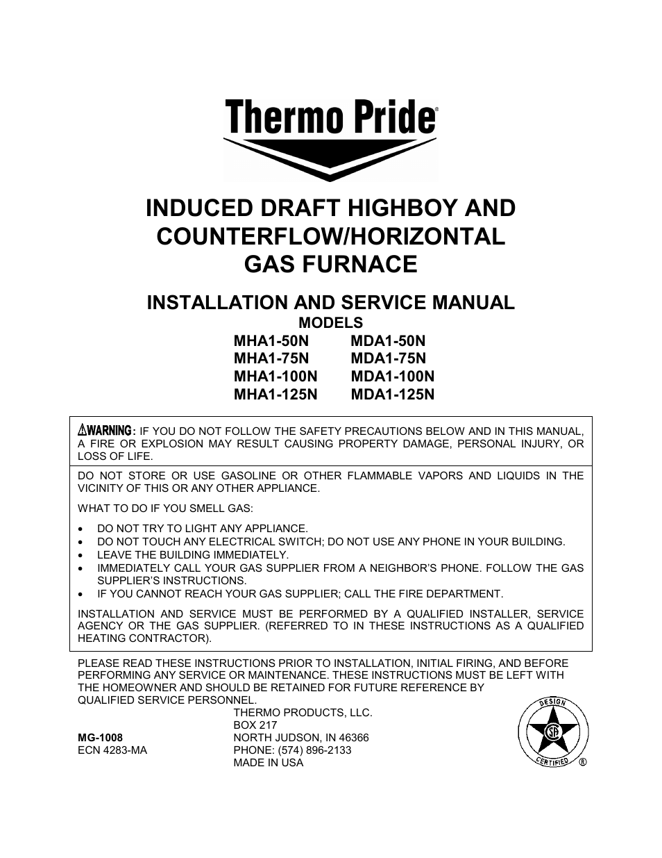 Thermo Pride Gas/Propane Furnace Induced Draft Highboy/Counterflow/Horizontal MHA1 User Manual | 61 pages