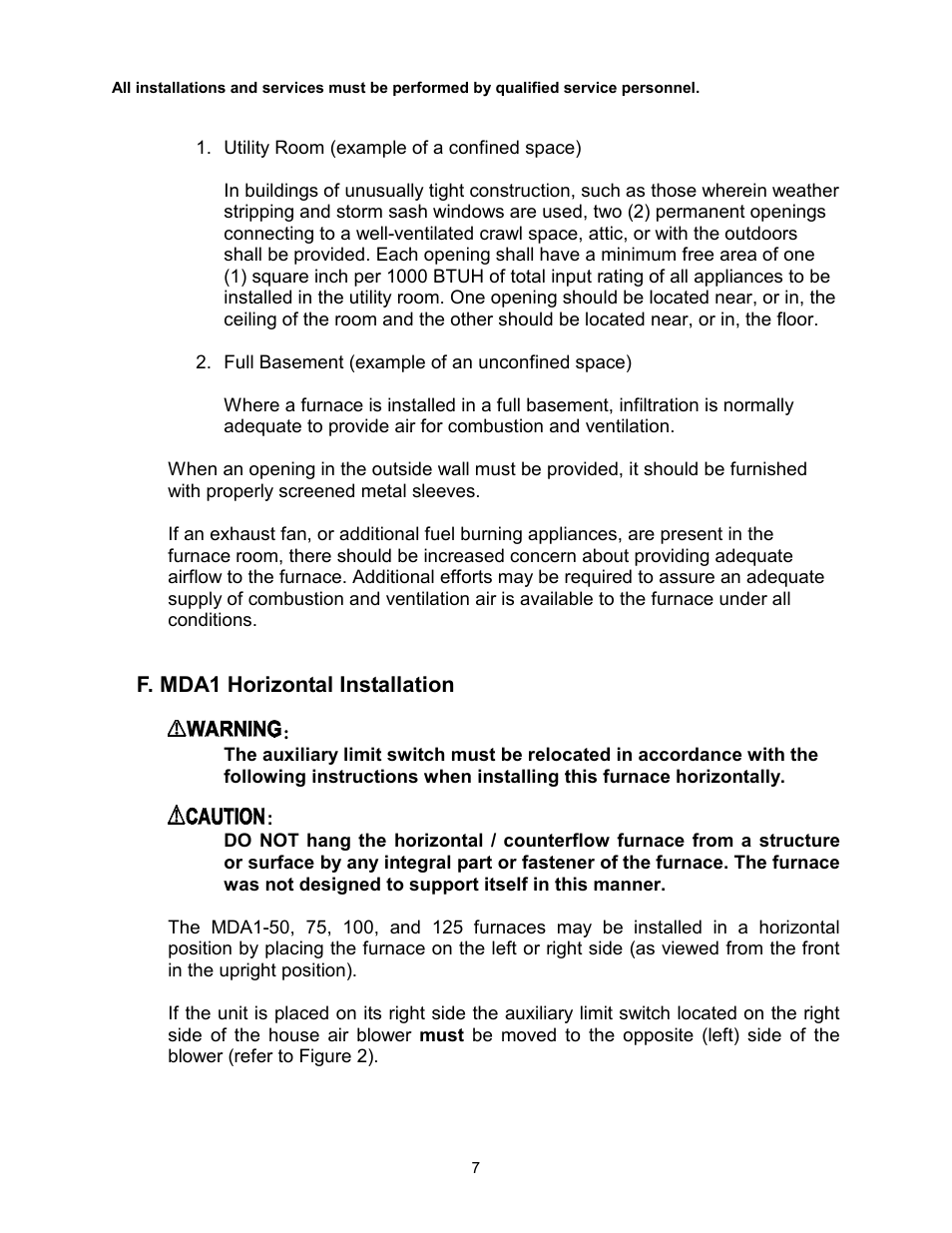F. mda1 horizontal installation | Thermo Pride Gas/Propane Furnace Induced Draft Highboy/Counterflow/Horizontal MHA1 User Manual | Page 10 / 61