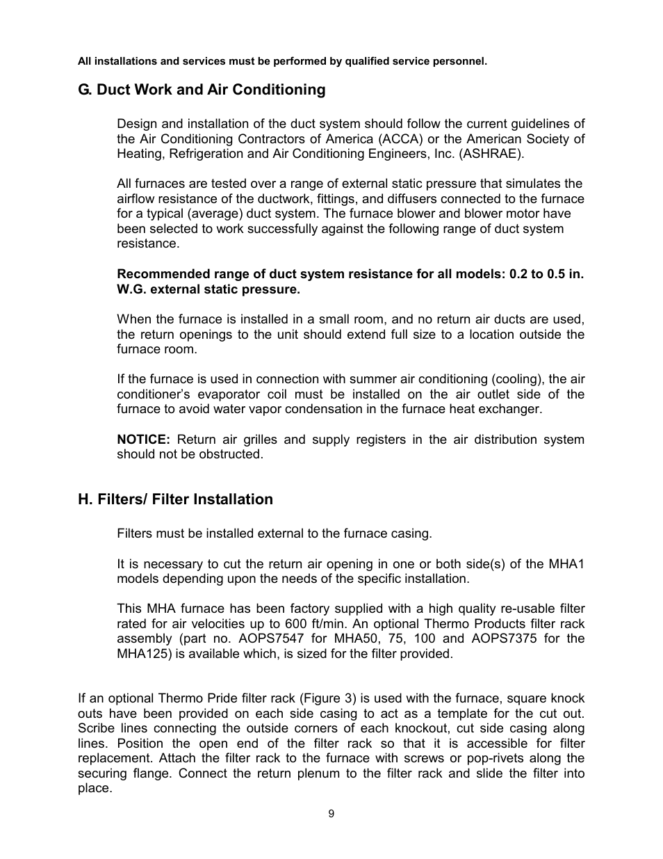 G. duct work and air conditioning, H. filters/ filter installation | Thermo Pride Gas/Propane Furnace Induced Draft Highboy/Counterflow/Horizontal MHA1 User Manual | Page 12 / 61