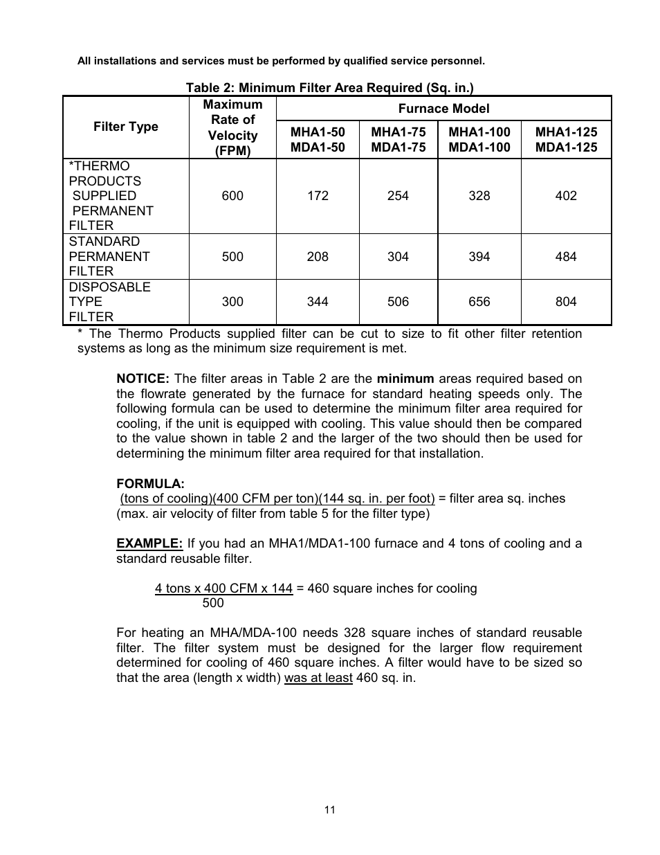 Filter type | Thermo Pride Gas/Propane Furnace Induced Draft Highboy/Counterflow/Horizontal MHA1 User Manual | Page 14 / 61