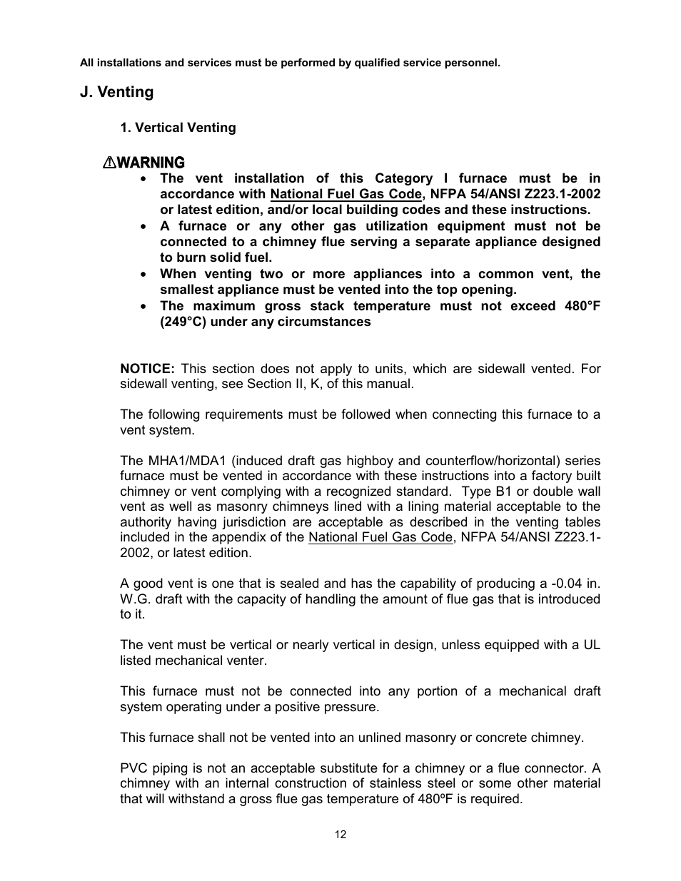 J. venting, Vertical venting | Thermo Pride Gas/Propane Furnace Induced Draft Highboy/Counterflow/Horizontal MHA1 User Manual | Page 15 / 61
