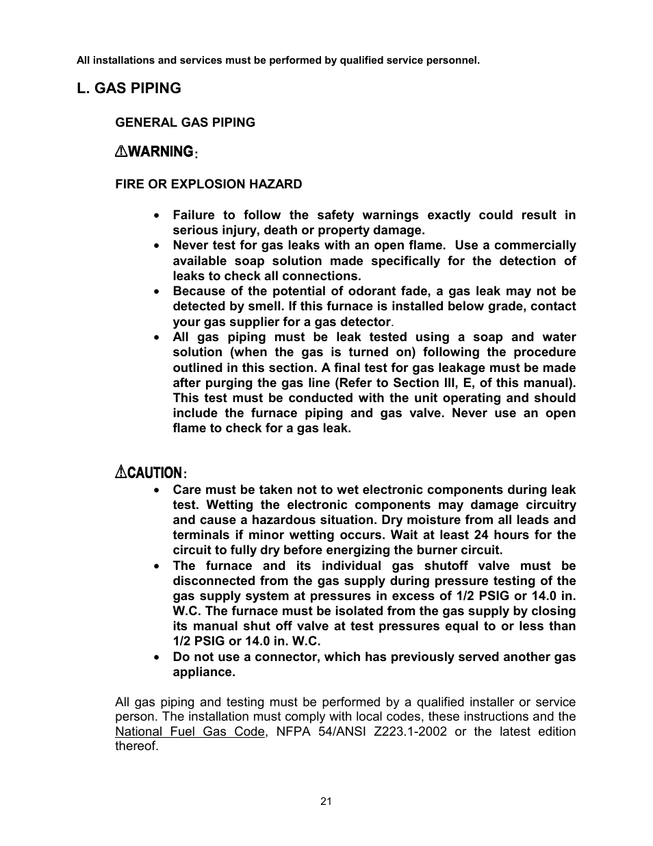L. gas piping, General gas piping | Thermo Pride Gas/Propane Furnace Induced Draft Highboy/Counterflow/Horizontal MHA1 User Manual | Page 24 / 61