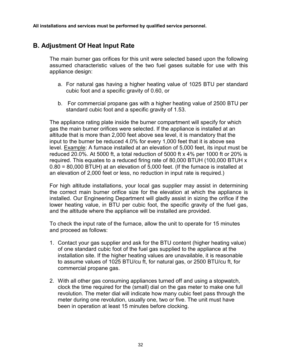 B. adjustment of heat input rate | Thermo Pride Gas/Propane Furnace Induced Draft Highboy/Counterflow/Horizontal MHA1 User Manual | Page 35 / 61