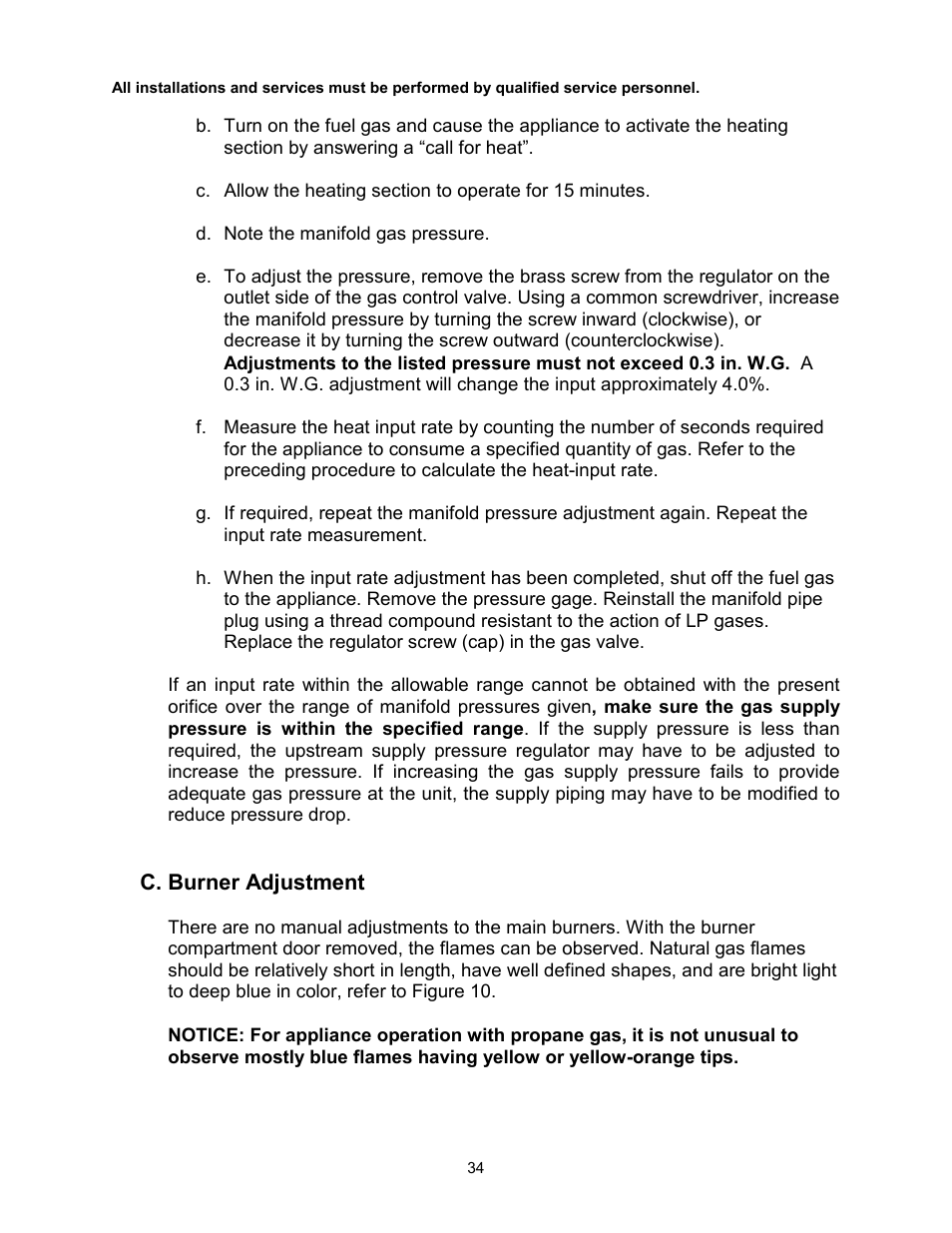 C. burner adjustment | Thermo Pride Gas/Propane Furnace Induced Draft Highboy/Counterflow/Horizontal MHA1 User Manual | Page 37 / 61