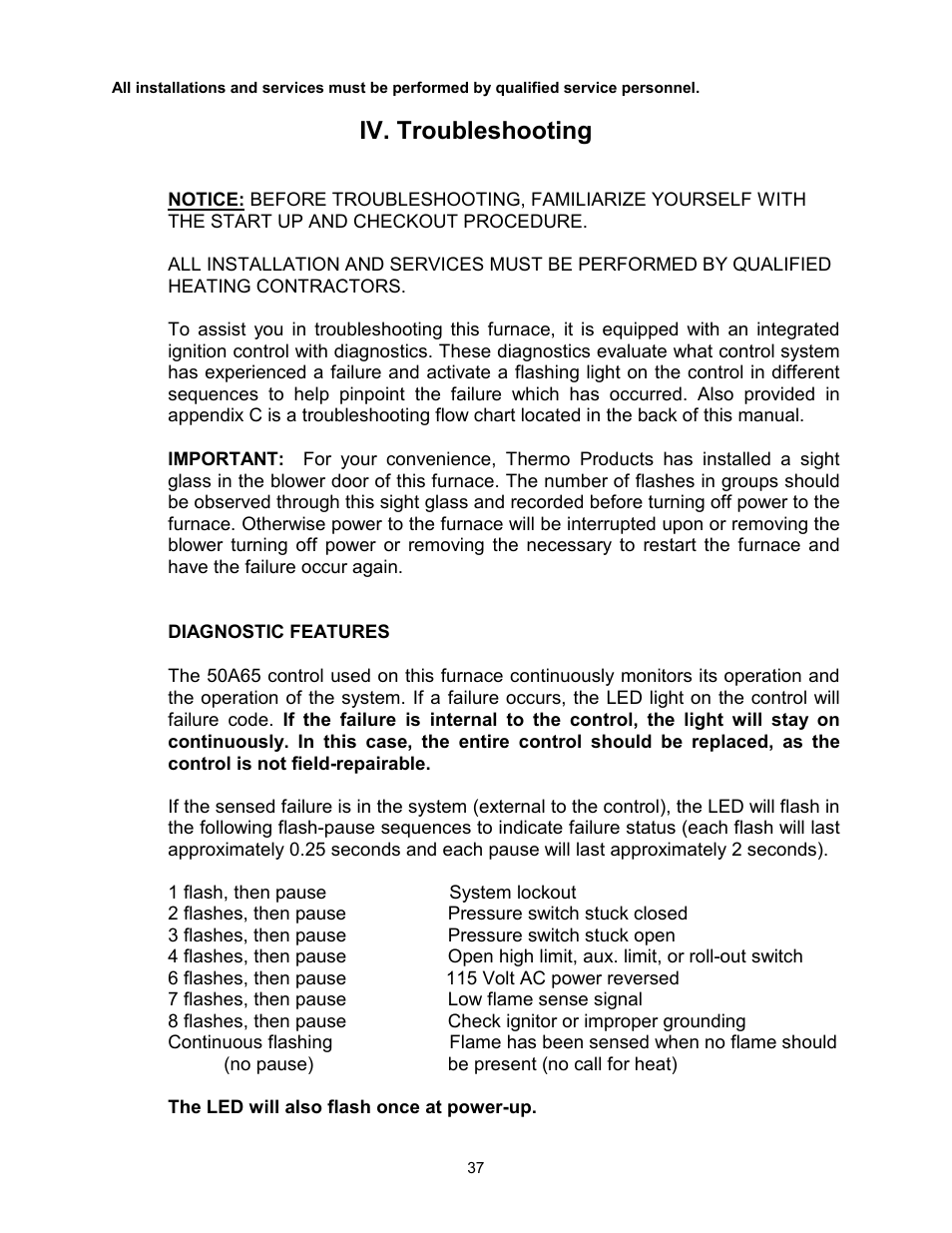 Iv. troubleshooting | Thermo Pride Gas/Propane Furnace Induced Draft Highboy/Counterflow/Horizontal MHA1 User Manual | Page 40 / 61