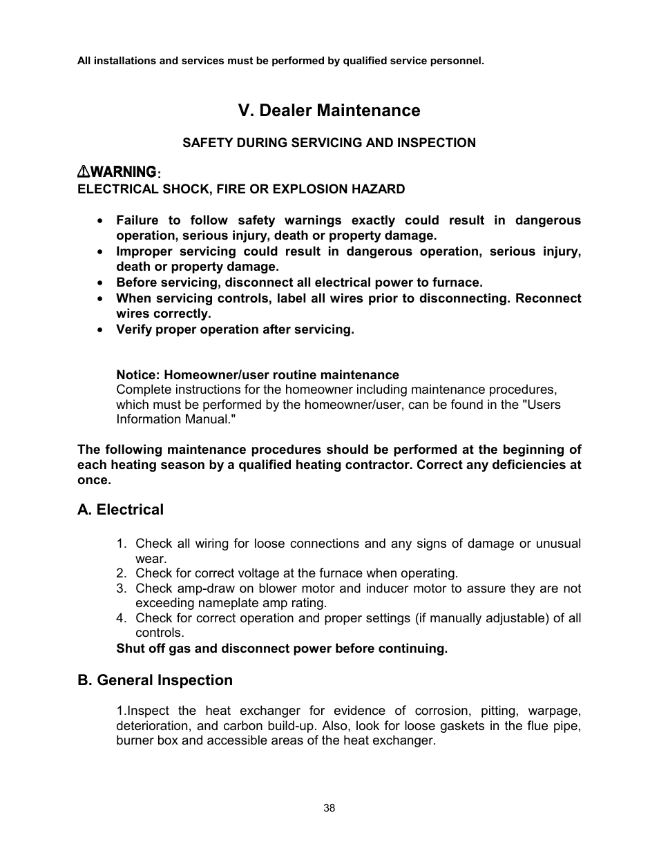 V. dealer maintenance, A. electrical, B. general inspection | Thermo Pride Gas/Propane Furnace Induced Draft Highboy/Counterflow/Horizontal MHA1 User Manual | Page 41 / 61
