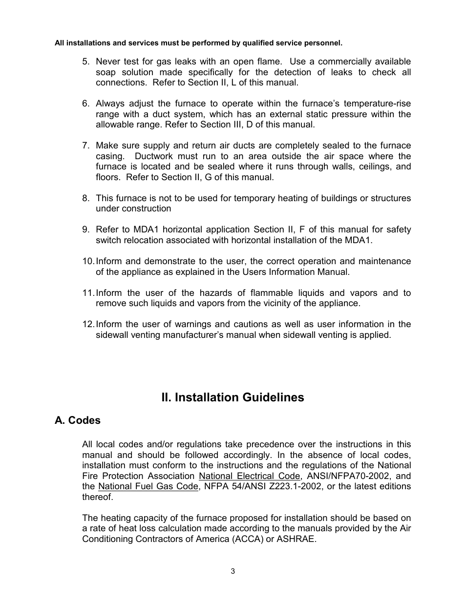 Ii. installation guidelines, A. codes | Thermo Pride Gas/Propane Furnace Induced Draft Highboy/Counterflow/Horizontal MHA1 User Manual | Page 6 / 61