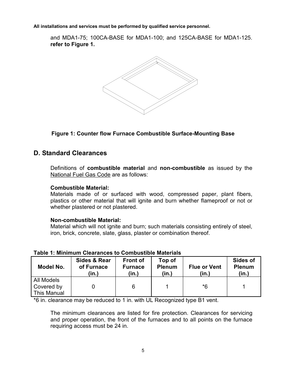 D. standard clearances, Combustible material, Non-combustible material | Thermo Pride Gas/Propane Furnace Induced Draft Highboy/Counterflow/Horizontal MHA1 User Manual | Page 8 / 61