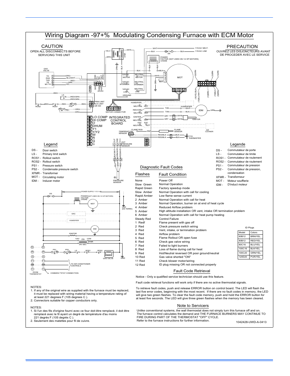 Caution precaution, Figure 47: wiring diagram, Flashes diagnostic fault codes fault condition | Legend, Legende, Integrated control board, Lo comp hi comp o dhum y1 y/y2 w r g c | Thermo Pride Spirit Gas TP9C Modulating ECM 97.5% User Manual | Page 43 / 46