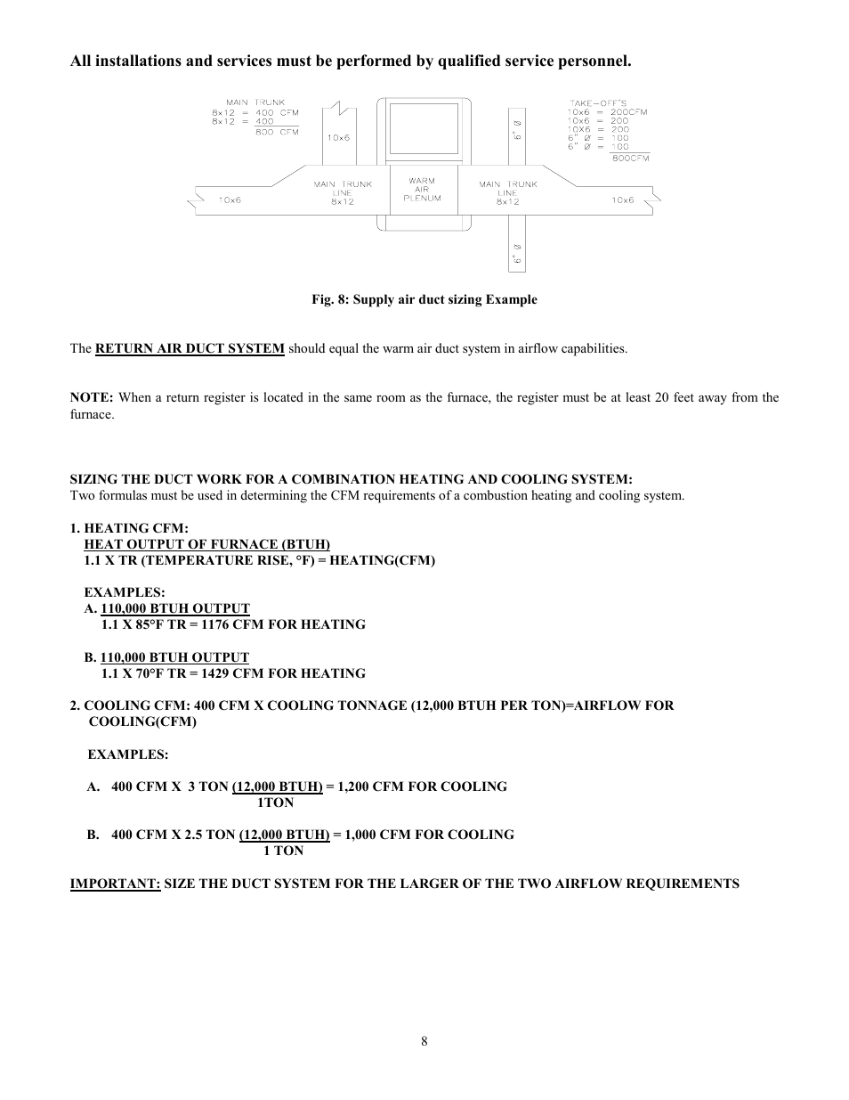 Fig. 8: supply air duct sizing example | Thermo Pride Oil Furnace (general service and maintenance) User Manual | Page 10 / 20