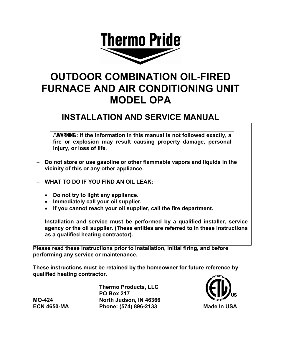 Thermo Pride MODEL OPA User Manual | 91 pages