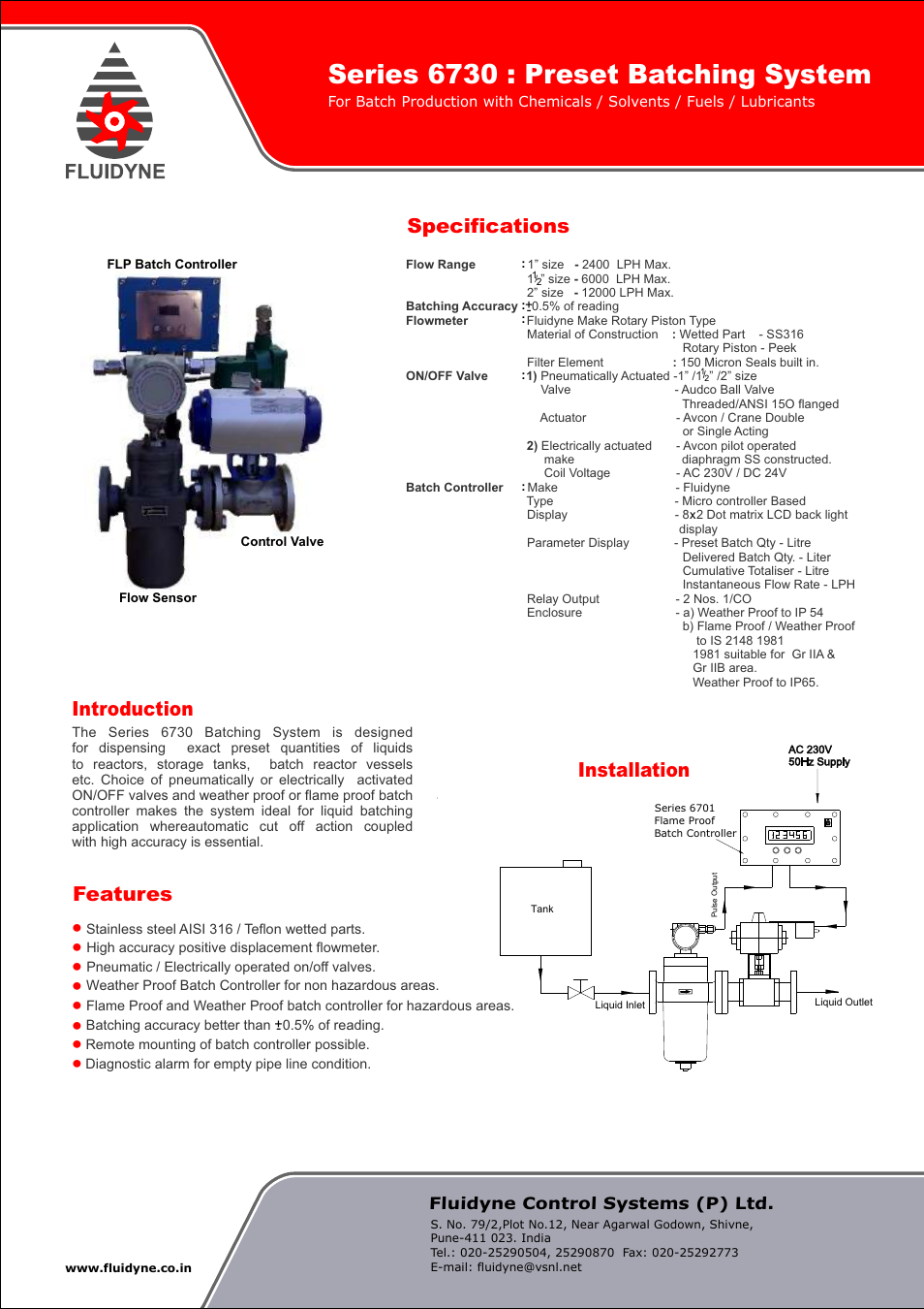 Fluidyne Control Systems 6730 Series Preset Batching System User Manual | 1 page