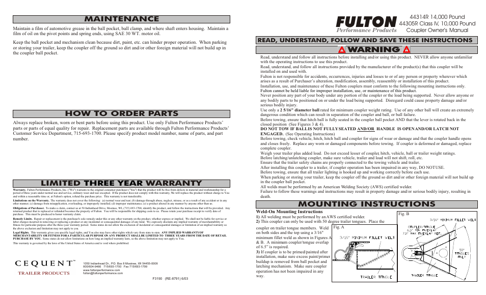 Fulton Performance 44314R0303 User Manual | 4 pages