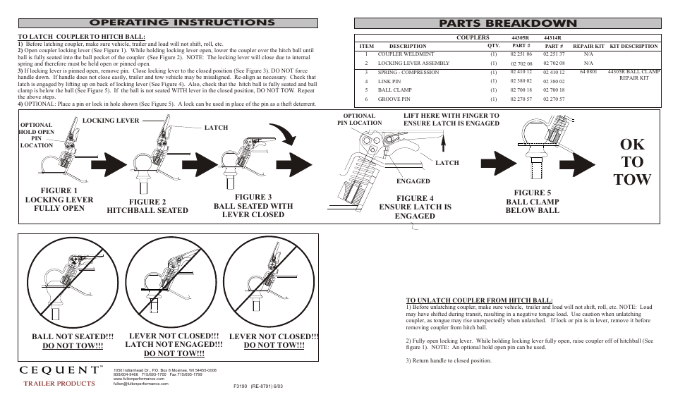Ok to tow, Parts breakdown | Fulton Performance 44314R0303 User Manual | Page 2 / 4