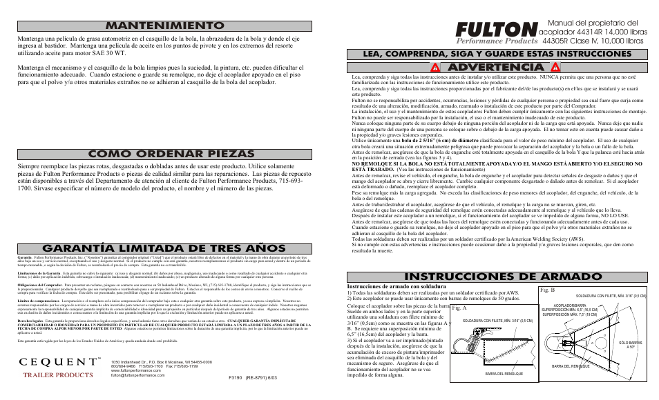 Fulton, Como ordenar piezas, Mantenimiento | Instrucciones de armado, Garantía limitada de tres años, Advertencia | Fulton Performance 44314R0303 User Manual | Page 3 / 4