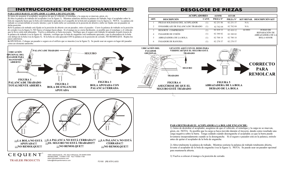 Correcto para remolcar, Desglose de piezas, Instrucciones de funcionamiento | Fulton Performance 44314R0303 User Manual | Page 4 / 4