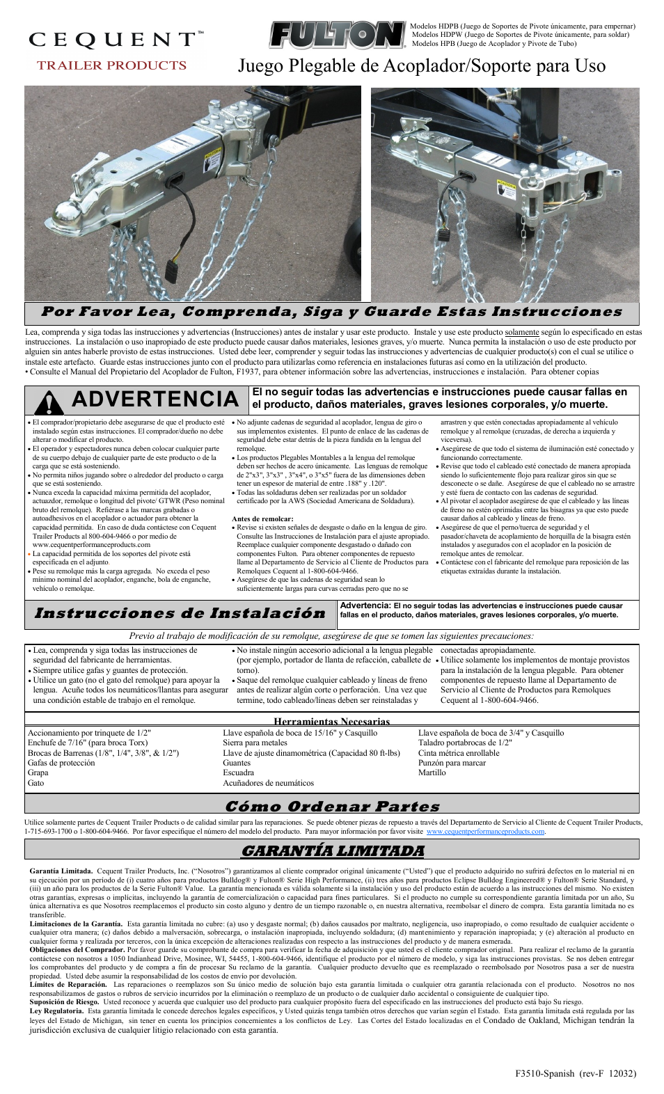 Advertencia, Juego plegable de acoplador/soporte para uso, Instrucciones de instalación | Cómo ordenar partes, Garantía limitada | Fulton Performance HDPB350301 User Manual | Page 3 / 6