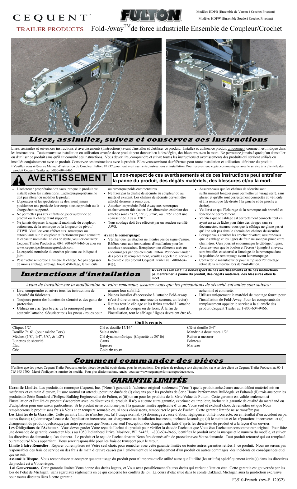 Avertissement, Fold-away, De force industrielle ensemble de coupleur/crochet | Instructions d'installation, Comment commander des pièces, Garantie limitée | Fulton Performance HDPB350301 User Manual | Page 5 / 6