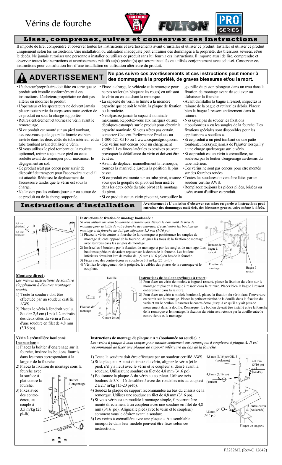 Vérins de fourche, Advertissement, Instructions d'installation | Fulton Performance XPD15L0301 User Manual | Page 3 / 8