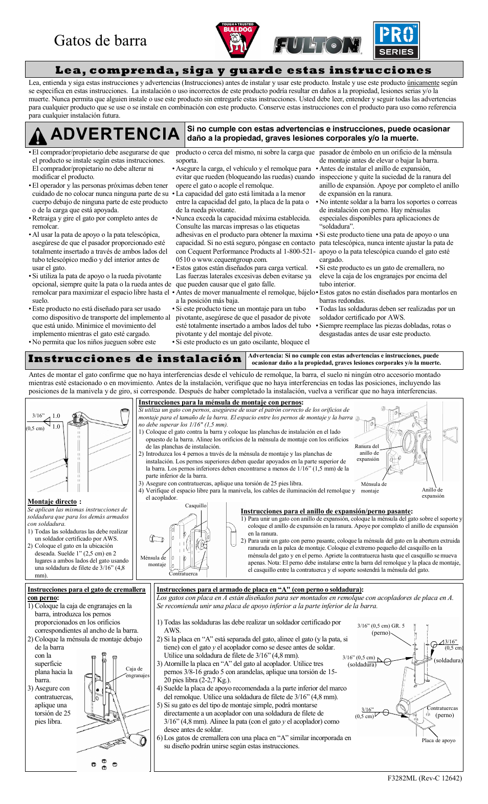 Advertencia, Gatos de barra, Lea, comprenda, siga y guarde estas instrucciones | Instrucciones de instalación | Fulton Performance XPD15L0301 User Manual | Page 5 / 8