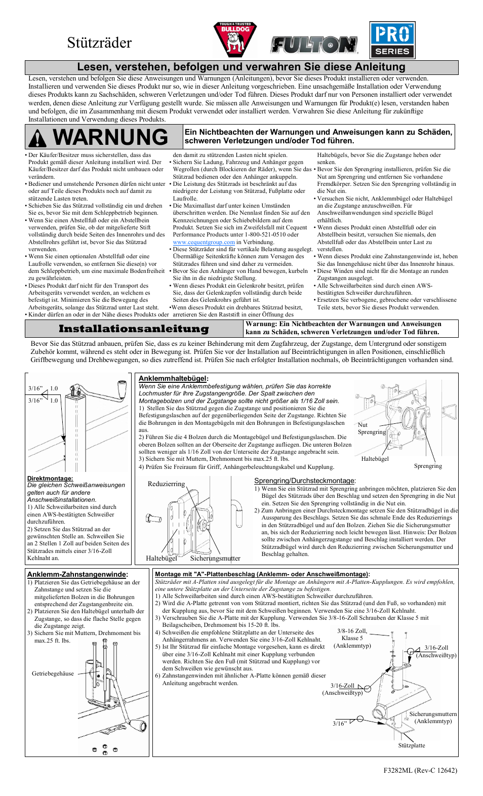 Warnung, Stützräder, Installationsanleitung | Fulton Performance XPD15L0301 User Manual | Page 7 / 8