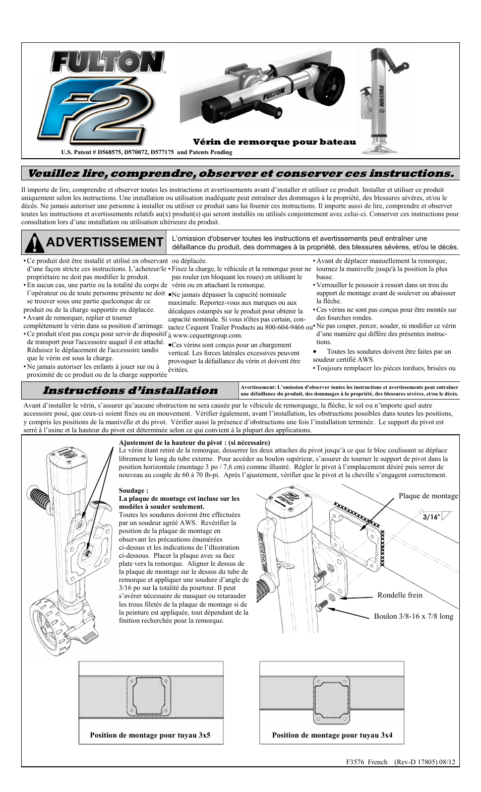 Advertissement, Instructions d’installation | Fulton Performance 1413230134 User Manual | Page 3 / 10