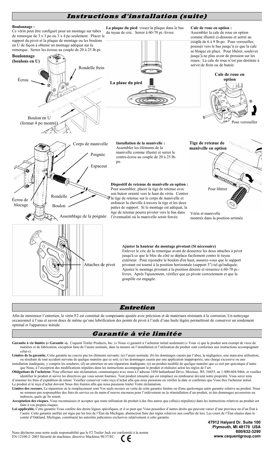 Garantie à vie limitée, Entretien instructions d'installation (suite) | Fulton Performance 1413230134 User Manual | Page 4 / 10
