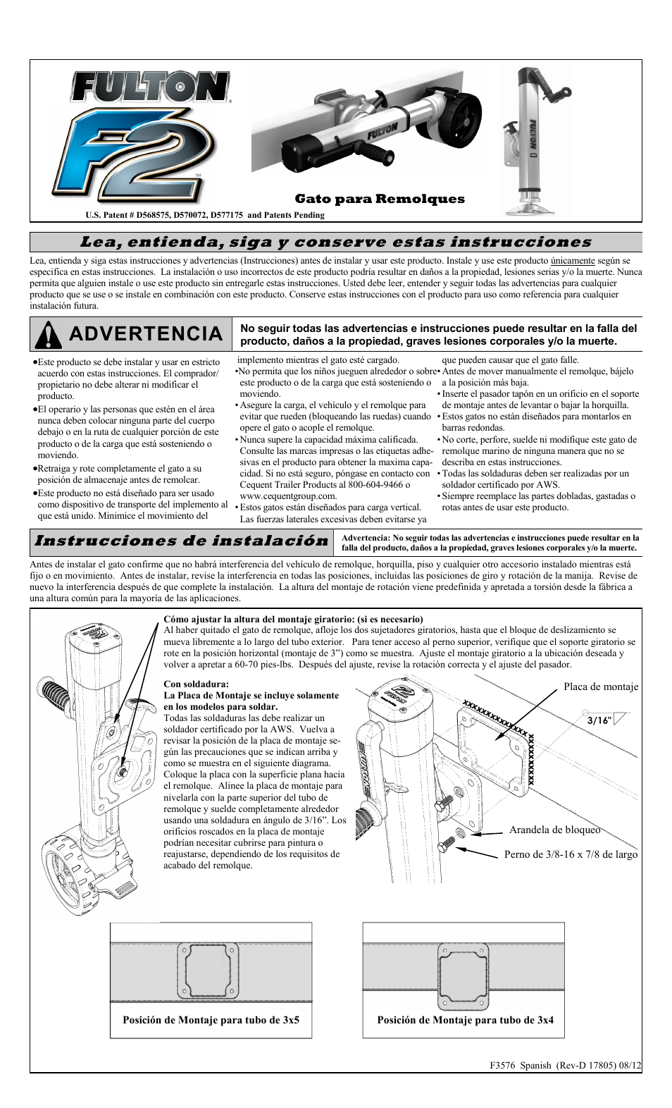 Advertencia, Lea, entienda, siga y conserve estas instrucciones, Instrucciones de instalación | Fulton Performance 1413230134 User Manual | Page 5 / 10