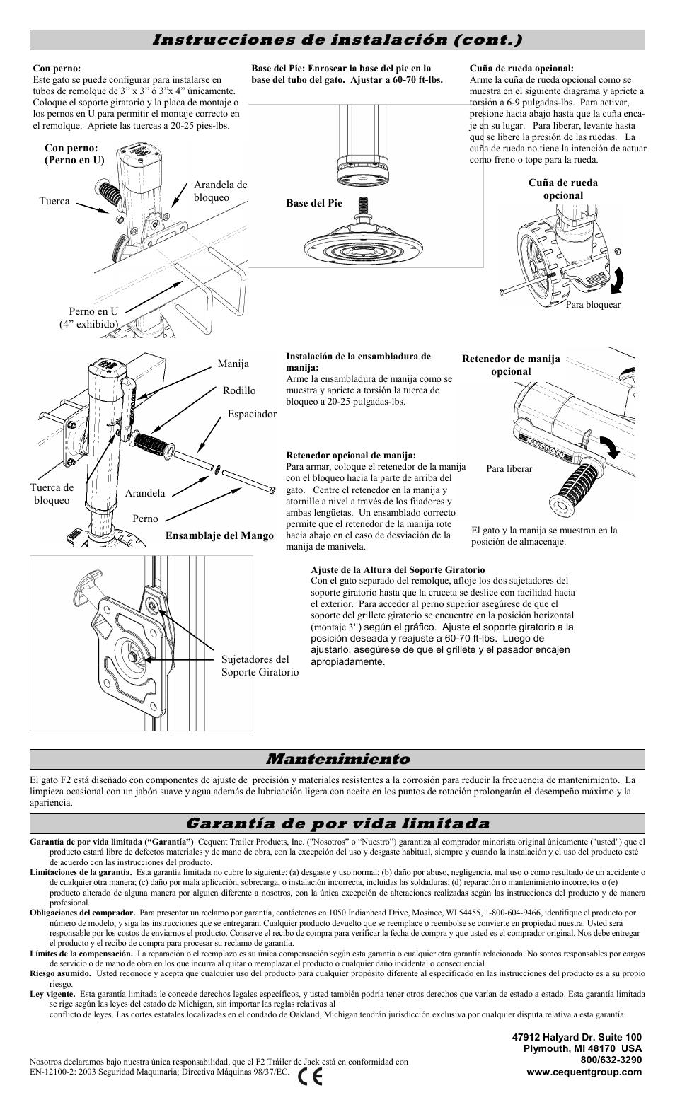 Instrucciones de instalación (cont.), Mantenimiento, Garantía de por vida limitada | Fulton Performance 1413230134 User Manual | Page 6 / 10