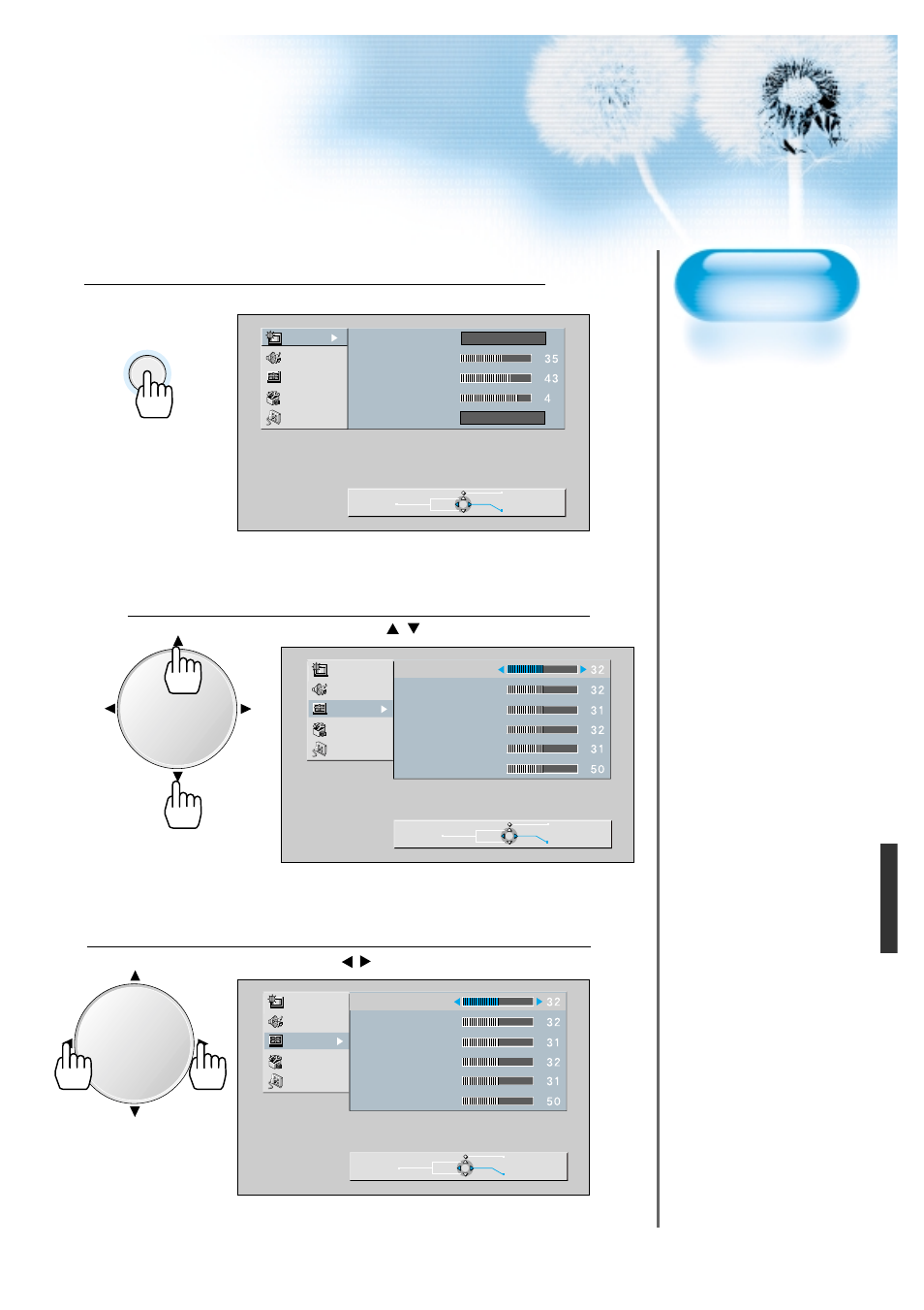 Press the menu button, Select “screen, Select the screen size | Adjusting from menu screen | Daewoo DP - 42 GP User Manual | Page 22 / 35