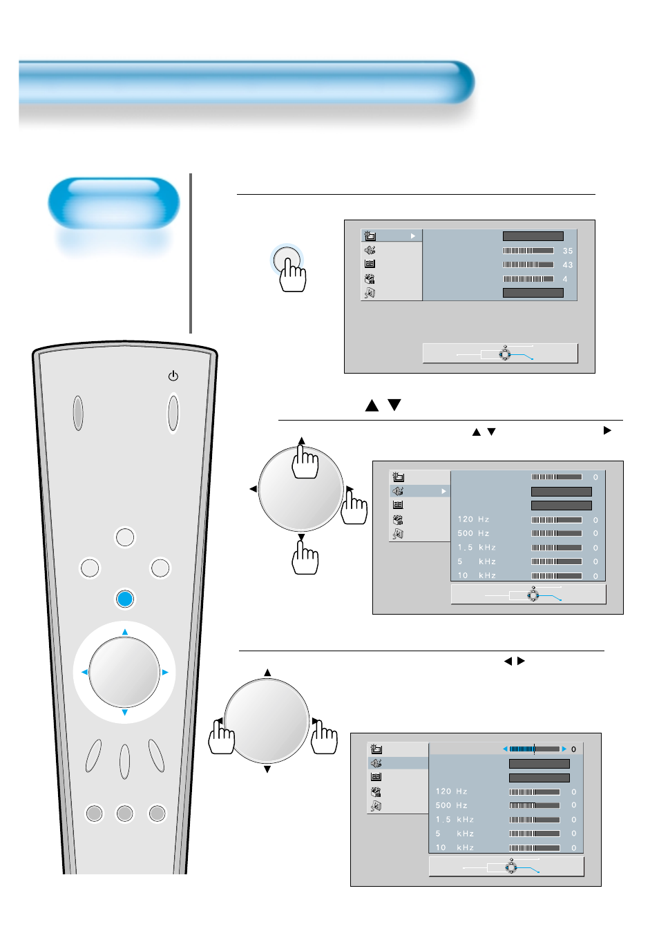 Press the / button, Select sound balance, Press the menu button | Customizing sound mode, Menu | Daewoo DP - 42 GP User Manual | Page 29 / 35