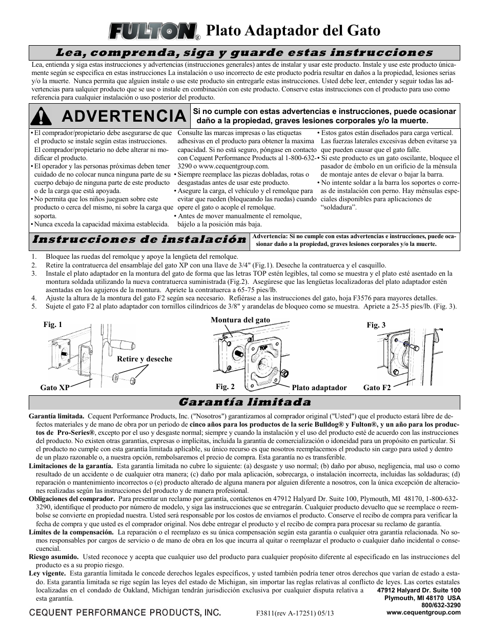 Adverten, Plato adaptador del gato, Lea, comprenda, siga y guarde estas instrucciones | Instrucciones de instalación, Garantía limitada | Fulton Performance 500320 User Manual | Page 2 / 4