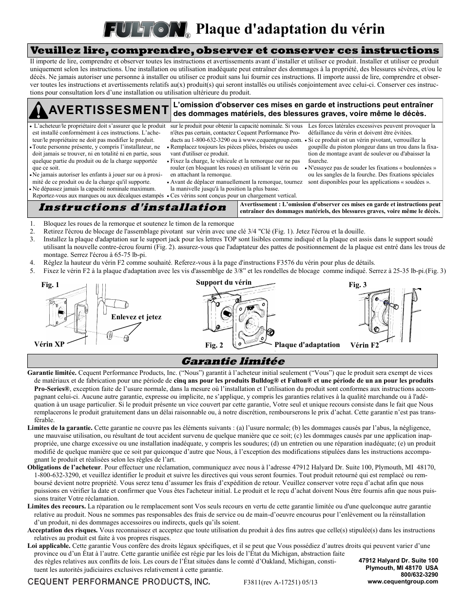 Plaque d'adaptation du vérin, Avertissesment, Instructions d'installation | Garantie limitée | Fulton Performance 500320 User Manual | Page 3 / 4