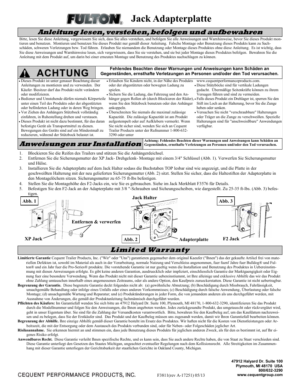 Jack adapterplatte, Achtung, Anweisungen zur installation | Limited warranty | Fulton Performance 500320 User Manual | Page 4 / 4