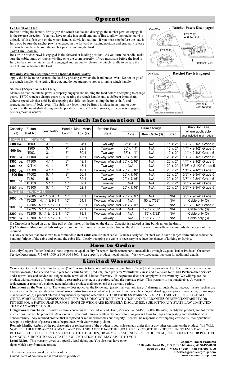 How to order, Limited warranty, Operation winch information chart | Fulton Performance XLT18ZB101 User Manual | Page 2 / 8