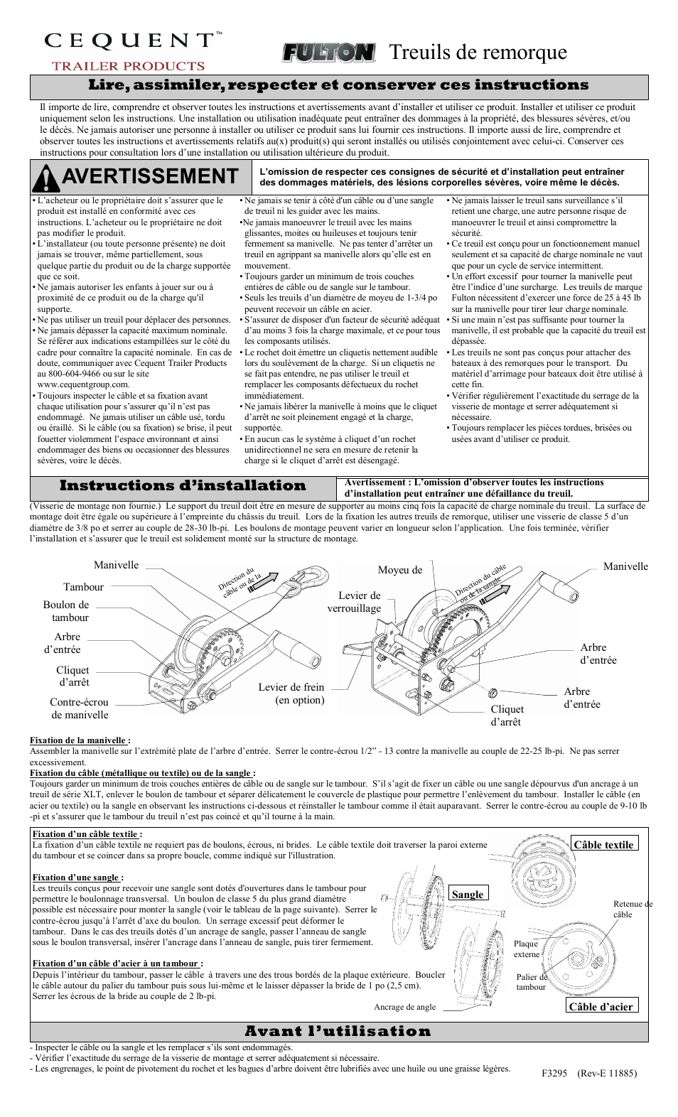 Treuils de remorque, Avertissement, Avant l utilisation | Instructions d installation | Fulton Performance XLT18ZB101 User Manual | Page 3 / 8