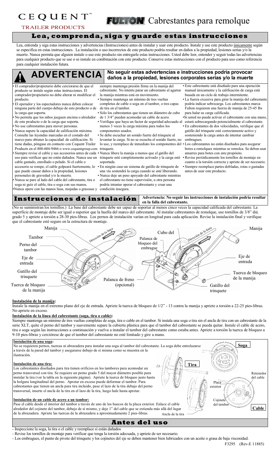 Advertencia, Cabrestantes para remolque, Antes del uso | Instrucciones de instalación, Lea, comprenda, siga y guarde estas instrucciones | Fulton Performance XLT18ZB101 User Manual | Page 5 / 8
