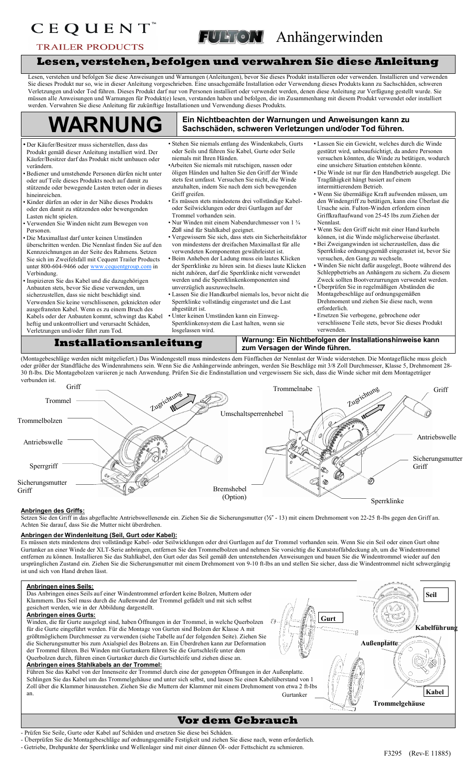 Warnung, Anhängerwinden, Vor dem gebrauch | Installationsanleitung | Fulton Performance XLT18ZB101 User Manual | Page 7 / 8