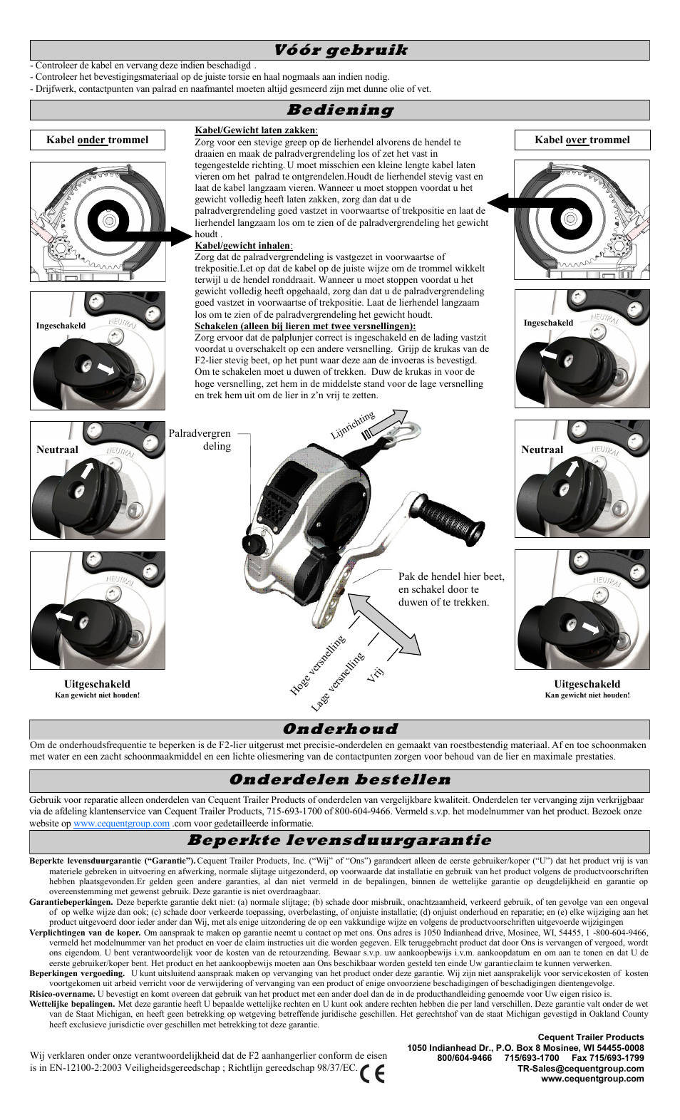 Onderdelen bestellen, Beperkte levensduurgarantie, Bediening | Onderhoud, Vóór gebruik | Fulton Performance FW32000301 User Manual | Page 10 / 10