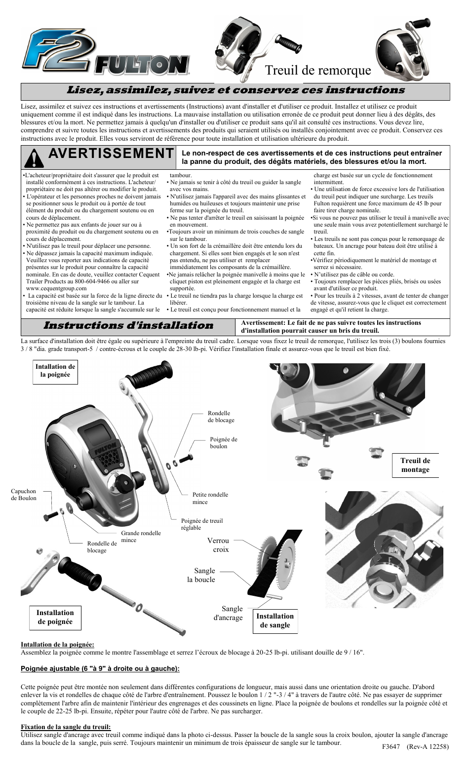 Avertissement, Treuil de remorque, Instructions d'installation | Fulton Performance FW32000301 User Manual | Page 3 / 10