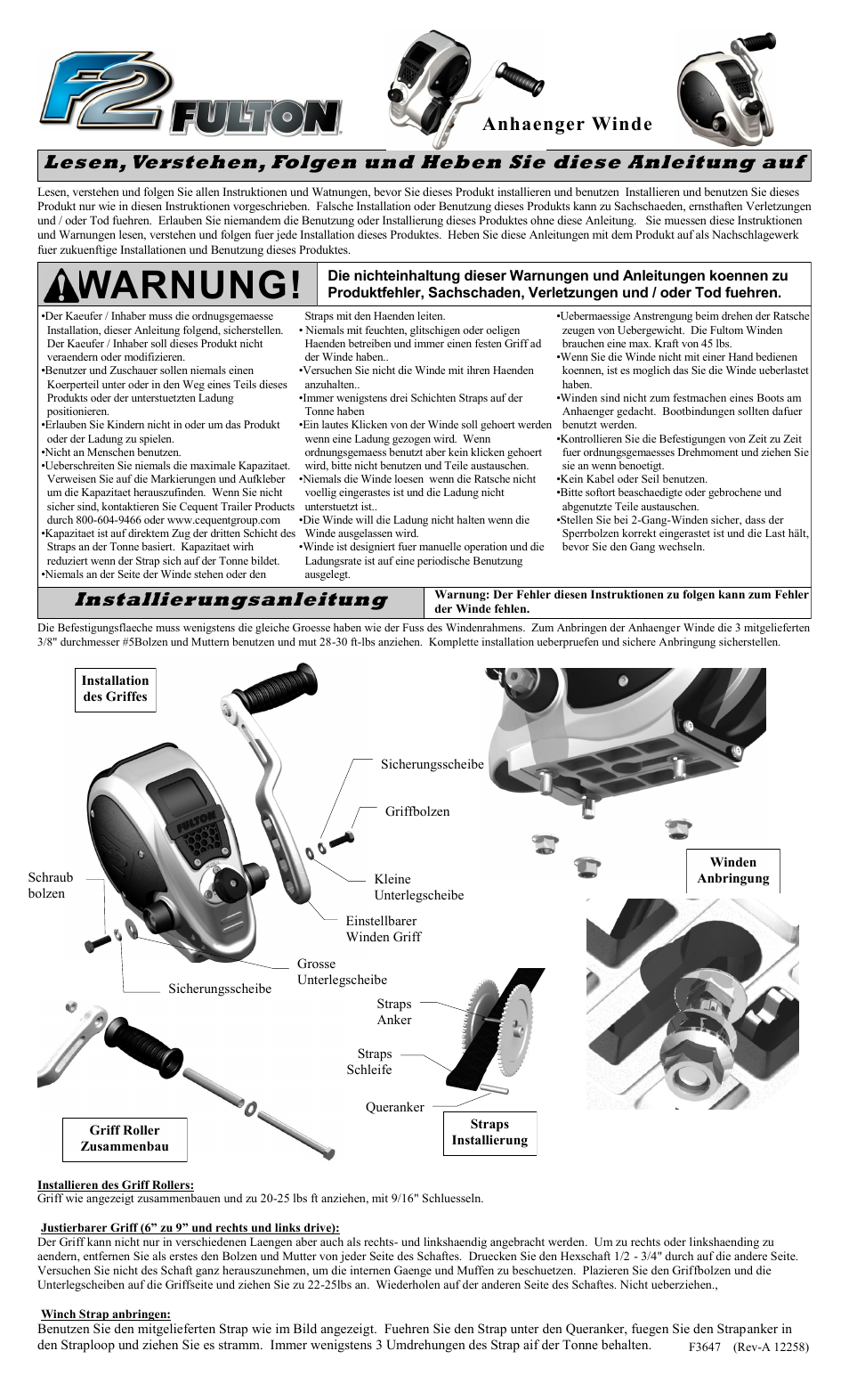 Warnung, Installierungsanleitung, Anhaenger winde | Fulton Performance FW32000301 User Manual | Page 5 / 10