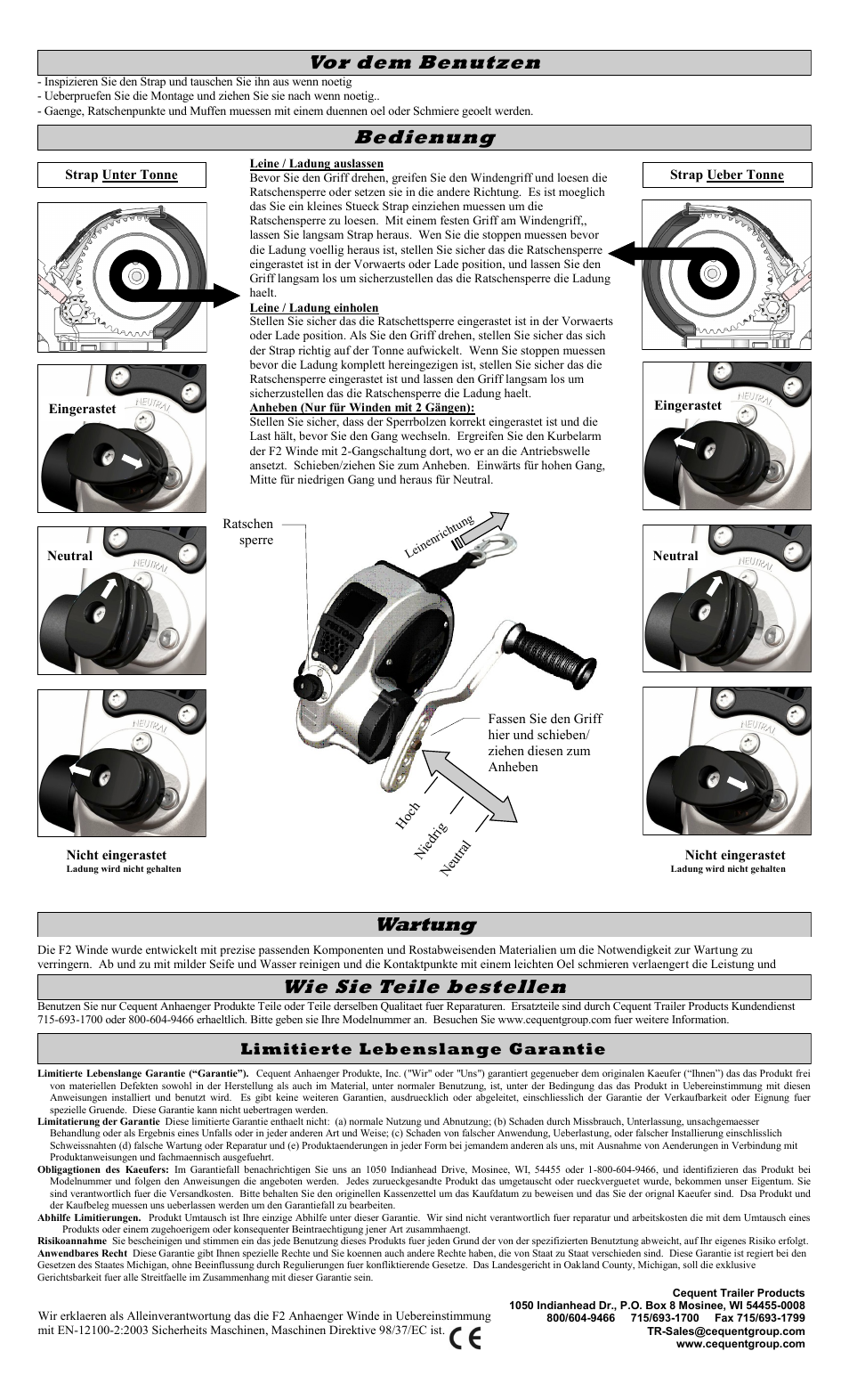 Wie sie teile bestellen, Bedienung, Wartung | Vor dem benutzen | Fulton Performance FW32000301 User Manual | Page 6 / 10